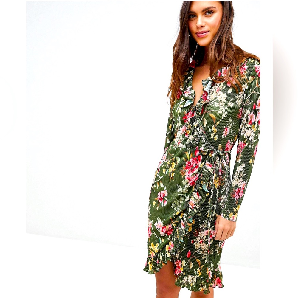 Vila Floral Wrap Dress Chive Green with Floral Pattern Tie Front Ruffles